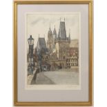 Continental School, St Michael's Bridge, Ghent (?), coloured drypoint etching, titled, signed in