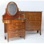 French amboyna chest of drawers, early to mid 20th Century, having a white marble top over two short
