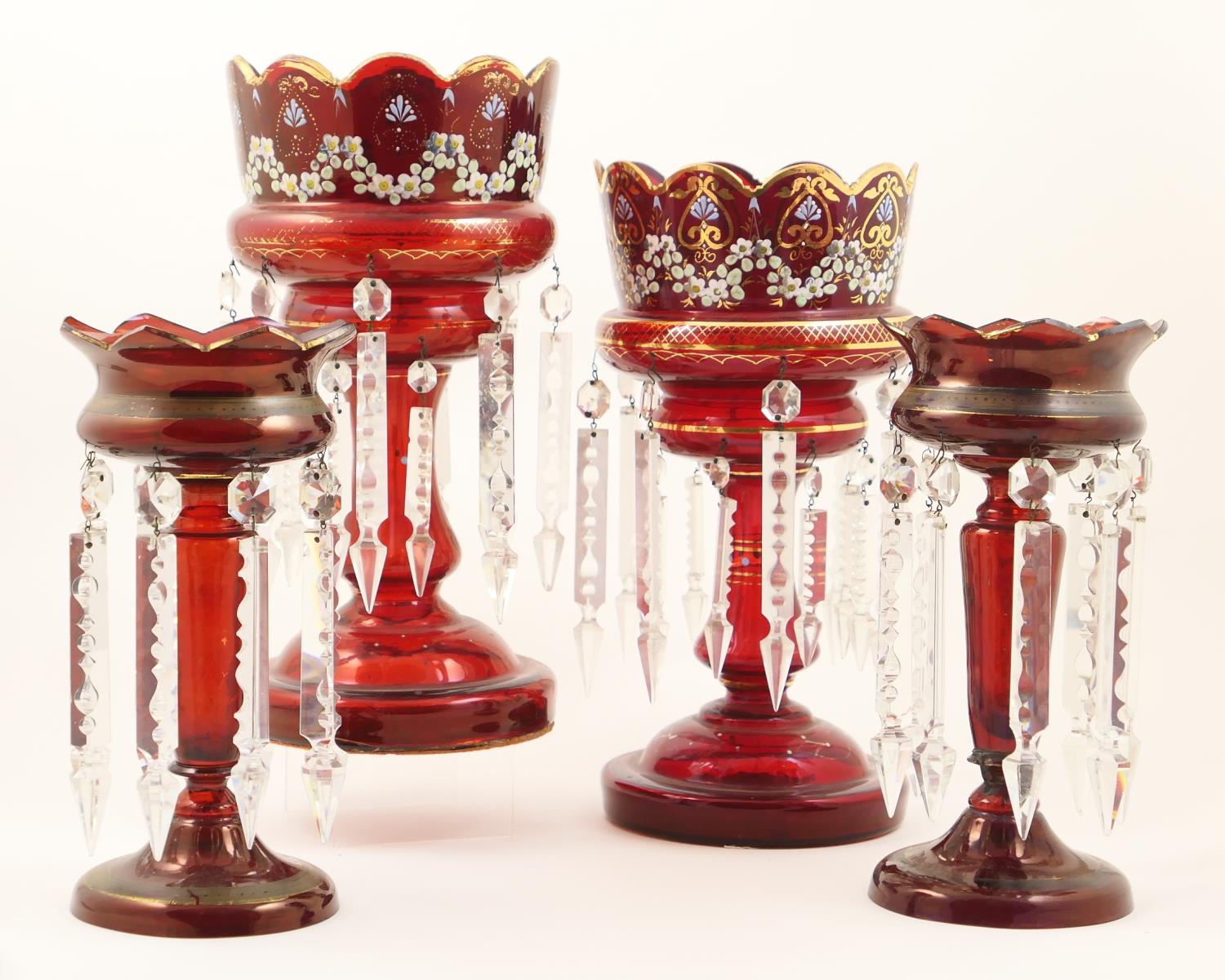 Pair of Victorian enamelled ruby glass lustres, with scalloped rims, decorated with floral