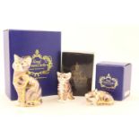 Royal Crown Derby Cat paperweight, height 13cm; also Kitten, height 8cm, and Sleeping Kitten, length