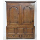 Oak joined livery cupboard, North Wales, circa 1740-60, cavetto moulded cornice over two arched