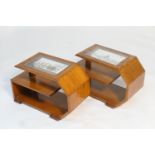 Matched pair of French Art Deco book tables, each having an etched glass panel top, one depicting