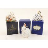 Three Royal Crown Derby paperweights comprising Meadow Rabbit, height 8cm, Rabbit, height 8cm and