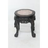 Chinese carved hardwood jardiniere stand, shaped circular top with marble inset, with carved