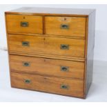 Victorian mahogany campaign chest, late 19th Century, in two parts, having two short and three