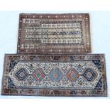 Persian Hamadan woollen runner, fawn field centred with blue and pink pole medallions within a