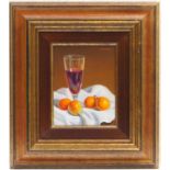 E Segarra (Contemporary), Still life with fruits and a wine glass, oil on board, 23cm x 18cm