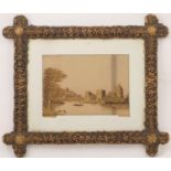 Pair, Pembroke Castle and a companion picture, hand carved cork landscape pictures, signed and