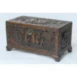 Cantonese carved camphorwood chest, early 20th Century, carved throughout with junks and pagodas,