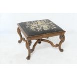 Victorian mahogany dressing stool, foliate needlework pad seat raised on scrolled cabriole legs