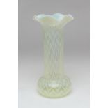 Edwardian vaseline glass specimen vase, circa 1910, frilled cylinder form with a bulbous base,