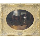 John Frederick Herring Jnr (1815-1907), Stable interior with harnessed horse, oil on relined canvas,