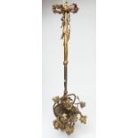 French ormolu light pendant, formed as a basket of flowers, suspended from ribbons with five rose