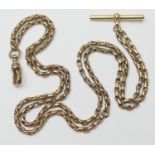 Yellow gold double strand chain link watch albert, with T-bar and spring clip, length 38.5cm, weight