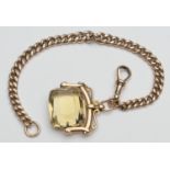 9ct gold graduated curb link watch chain, with faceted citrine swivel fob, length 20cm, gold