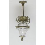 French cast brass and cut glass hall lantern, 63cm drop