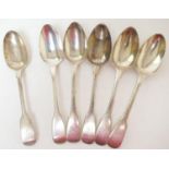 Three George IV silver fiddle pattern dessert spoons, maker W B, London 1829; also a pair of