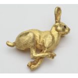 9ct gold running hare brooch, with ruby eyes and textured 'fur', full hallmarks, 34mm, gross