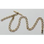 18ct gold curb link watch albert, with T-bar and spring clip, length 38.5cm, weight approx. 47.1g