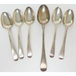 Five George III silver Old English pattern dessert spoons, London 1805, and a Georgian silver Old