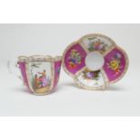 Helena Wolfsohn cabinet cup and saucer, decorated with panels of courtiers against a cerise and