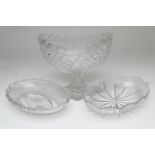 Quality cut glass footed bowl, oval form with hobnail and fan cut border, raised on a stepped