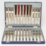 Modern silver and mother of pearl fish knives and forks, maker S.S, Sheffield 1966, twelve place