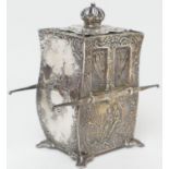 German (Wertheim) silver novelty tea caddy, in the form of a sedan chair, import marks for
