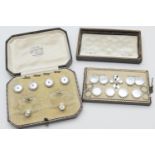 9ct white gold and mother of pearl cufflink and shirt stud set, boxed; also a box of 9ct two