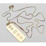 18ct gold fine box link necklace, length 55cm, weight approx. 3.4g, supporting a 9ct gold ingot