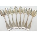 Eight George III Scottish silver fiddle pattern table spoons, maker J N, Edinburgh 1807, each