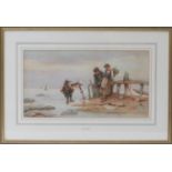 Fanny Mearns, (fl. 1870-1888), Crabbing from the shore, children fishing, watercolour, signed,