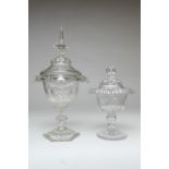 Late Victorian cut glass covered sweetmeat dish, with spike finial and petalled collar over a