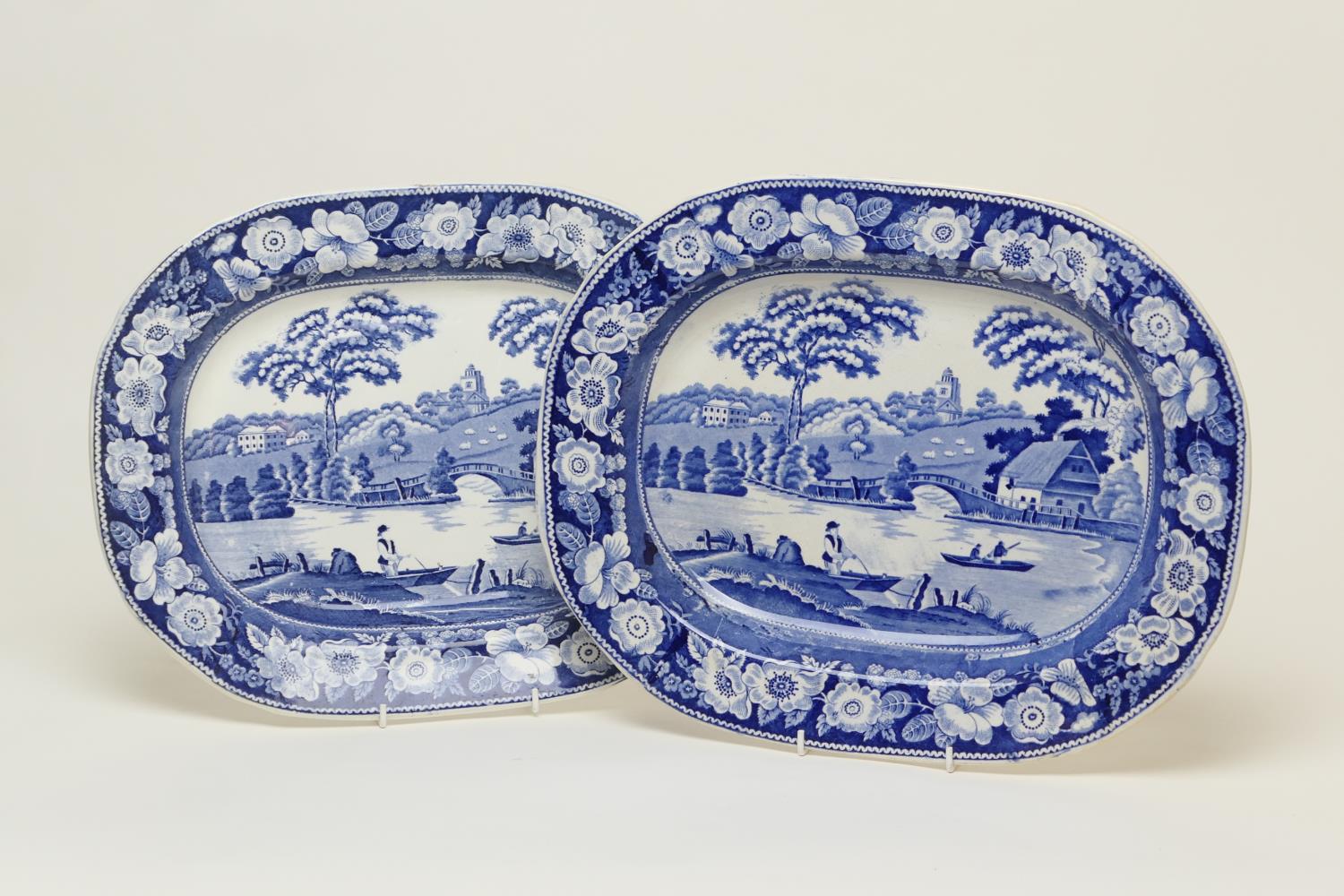 Matched pair of Staffordshire blue and white printware meat plates, circa 1830-50, in the Wild