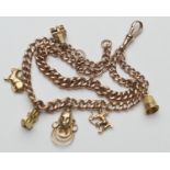 9ct gold double curb link charm bracelet, with spring clip, supporting five 9ct gold charms and
