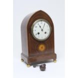 Edwardian mahogany and inlaid mantel clock, circa 1900, lancet shaped case with white enamel dial