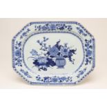 Chinese export blue and white meat plate, 18th Century, canted rectangular form finely decorated