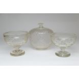 Edwardian cut glass lidded punch bowl, hobnail cut throughout, height 26.5cm; also two similar cut