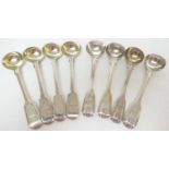 Four Victorian silver fiddle pattern salt spoons, by John and Henry Lias, London 1843; also a set of