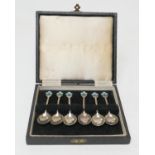 Modern set of six foliate enamelled silver coffee spoons, maker T&S, Birmingham 1950, the hafts