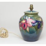 William Moorcroft frilled and slipper orchid large lamp base, ovoid form with a shaded blue green