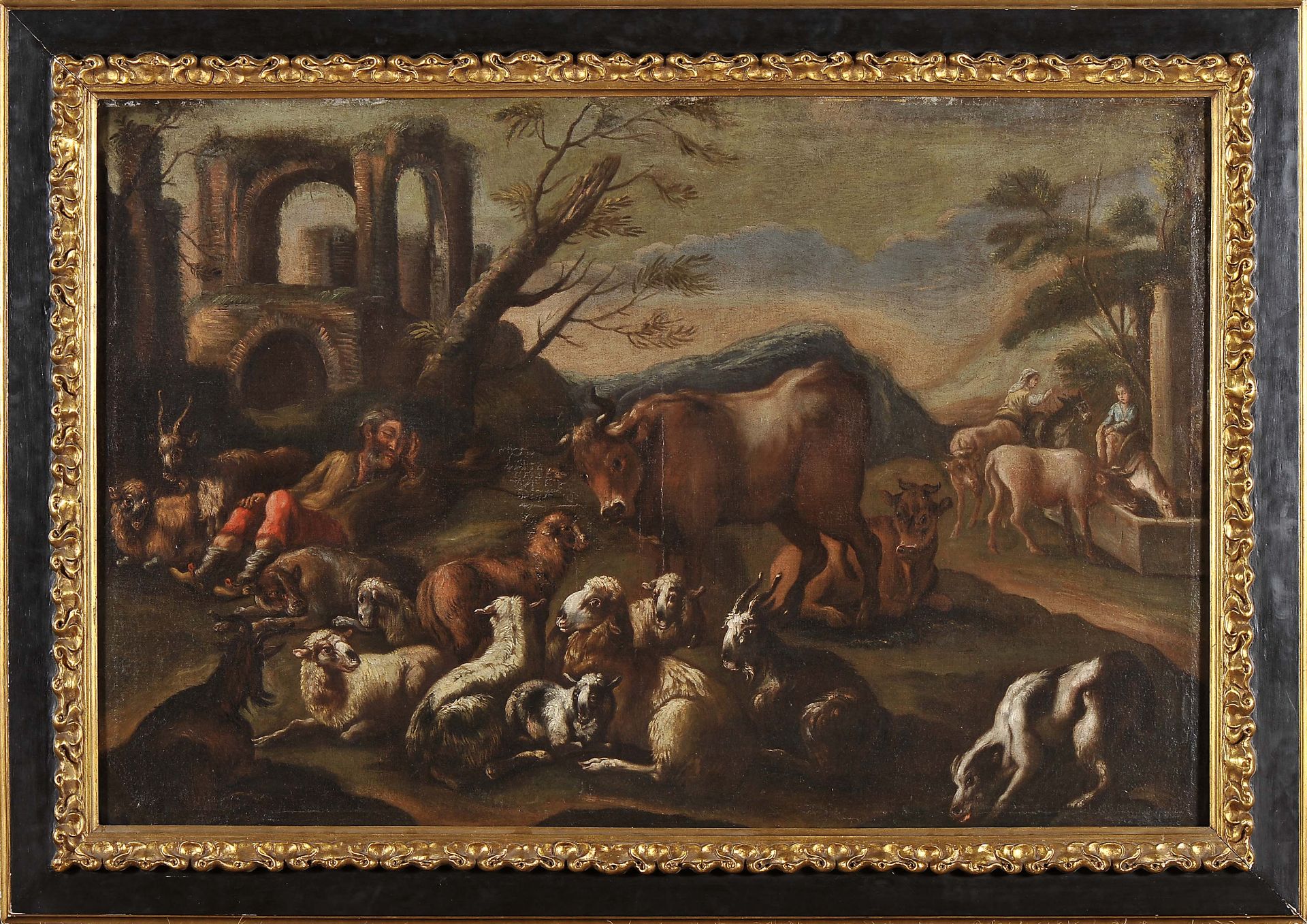 Shepherd, flock and figures at the fountain