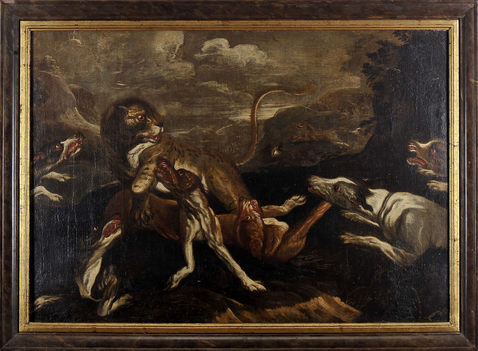 Hunting scene with hounds and feline