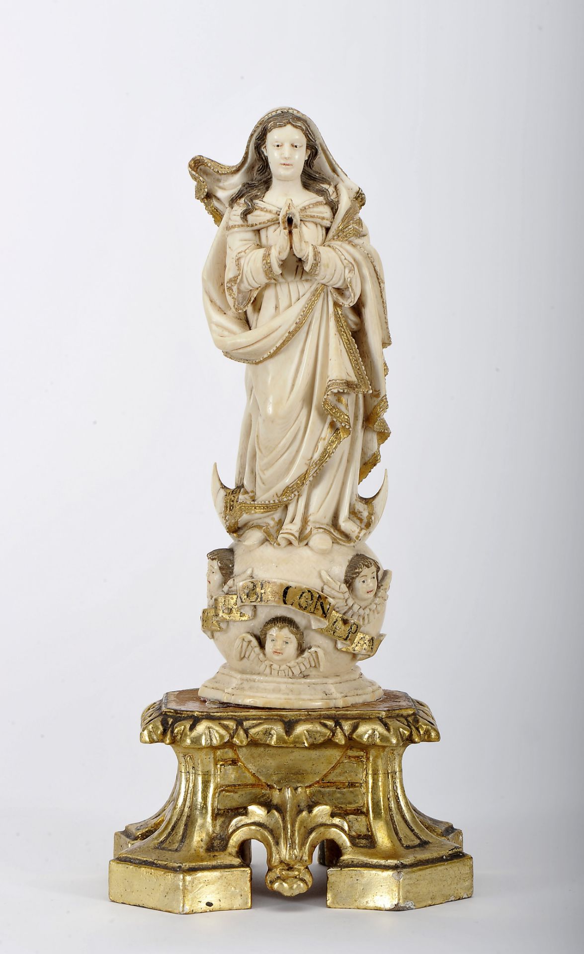 Our Lady of The Immaculate Conception on an Orb with cherubs and listel with inscription