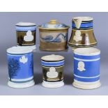 A Small Collection of Mocha Ware, Late 19th Century, including blue, white and black quart ale jug