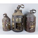A Sheet Metal and Horn Pendant Lantern, Early 19th Century, 23ins high overall, and two others,