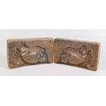 A Carved Wood Two-Piece Butter Mould, Victorian, carved with a cat design, 7.5ins x 4.25ins