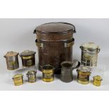 A Steel and Brass Oval Dairy Can, Eight Other Smaller Cans and Two Measures, Late 19th/Early 20th