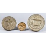 Three Carved Wood Butter Stamps, Victorian, carved with a Royal crown, 4ins diameter, a bird, 2.