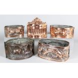 Six Copper Pie Moulds, Victorian, and Two Tinned Metal Pie Moulds, one oval mould, by Benham &